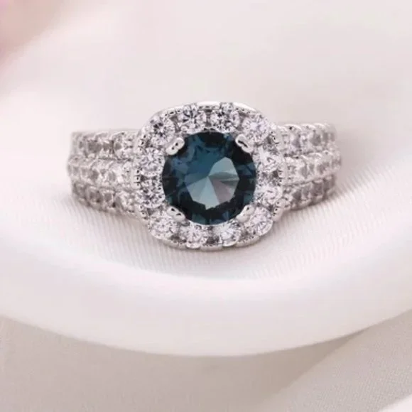 Stunning  2.5ctw Blue Sapphire / Diamond Halo Bridal Ring 925 Sterling Silver - Picture 11 of 16